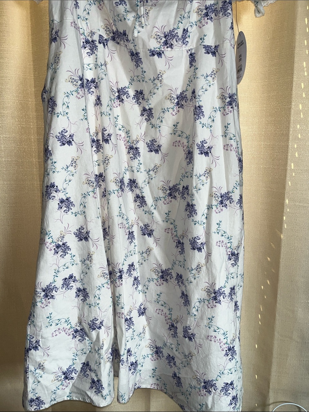 Women’s Scoop White Midi Dress with Purple Floral Print and Puff Sleeves - Picture 2 of 7